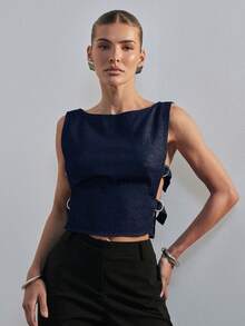 Hauture Áo denim nữ hở hông có khóa điều chỉnh, kiểu dáng gợi cảm hiện đại, phù hợp cho công sở. - Rửa tối - Xem 2