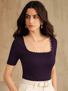 Anewsta New Seamless Fitted Beaded Solid Color Square Neck T-Shirt - Purple - View 6