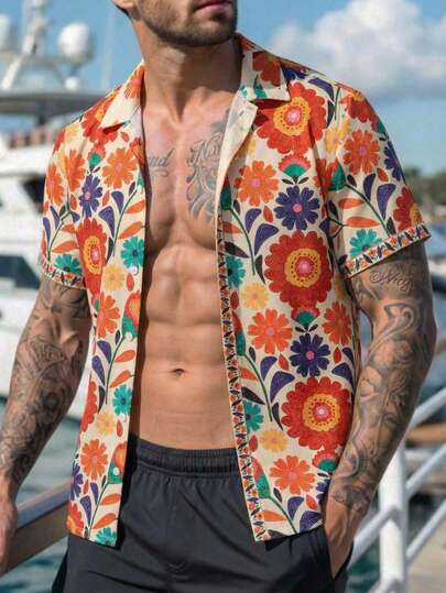 HIMLAND Men's Casual Floral Print Button-Front Short Sleeve Shirt Floral Print Casual  Breathable Summer Beach Shirt For Casual Vacation Mexican Floral Shirt Men Colorful Button Up Shirt Men Flower Shirt Men Floral Shirt Colorful Men Button Up Floral