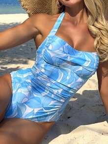 Swim Lushoire White And Blue Floral Summer Boho Pool Party Holiday One-Piece Swimsuit For Women, Elegant Front Crossover Ruched Beach Vacation Ocean Blue - Multicolor - View 8