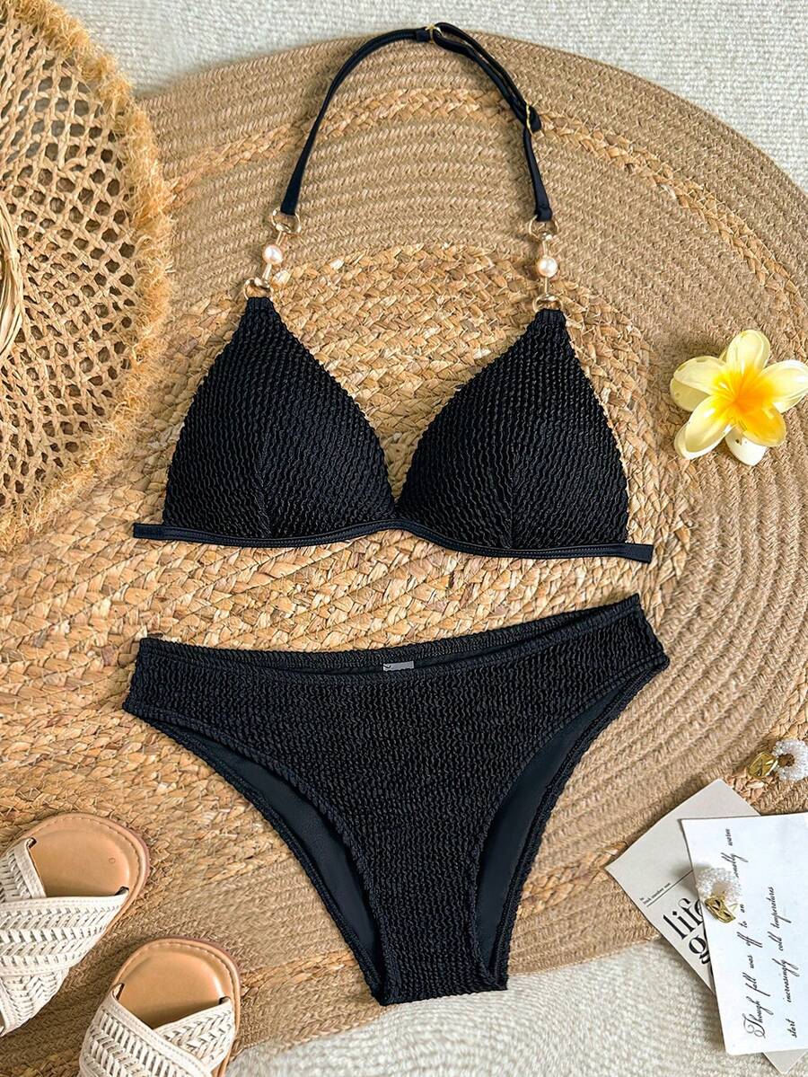 SHEIN 少女提花针织泳衣套装 - 黑色 - 查看 1