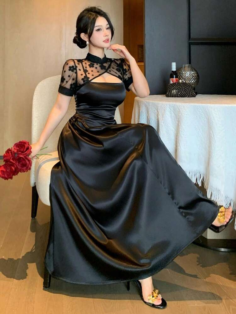 Spring & Summer Ditsy Floral Flocked Lace Patchwork Satin Dress, Elegant Cocktail Party Wedding Guest Dress, Sheer Mesh Hollow Out Short Sleeve Midi Dress For Women Sundress