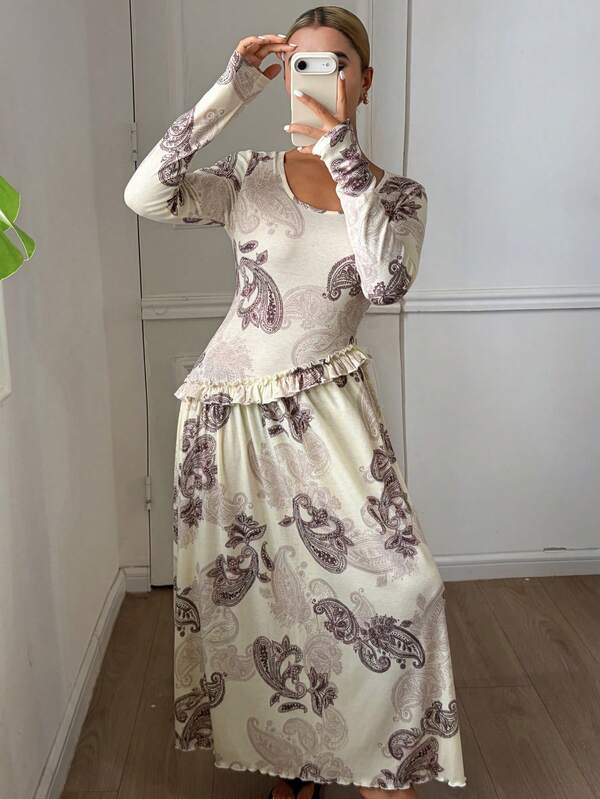 DAZY Camisón largo con cintura ceñida y estampado de paisley, estilo vacaciones para mujeres