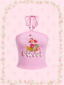 Strawberry Shortcake | ROMWE Women's Letter & Cartoon Print Fashion Halter Neck Tank Top - Pink - View 1