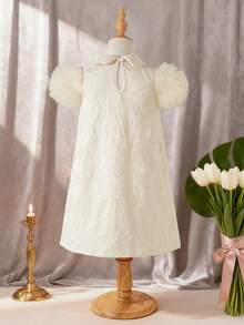 Elladie kids 1 pieza Vestido suelto de verano para niñas con cuello, mangas acampanadas, diseño de malla, silueta recta, sencillo pero elegante y con estilo de princesa - Albaricoque - Ver 2