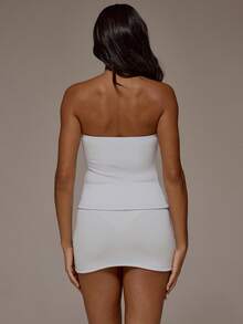 MUSERA ESSENTIALS Top bandeau ajustado acanalado con minifalda acanalada ajustada, vendido como conjunto. Esencial básica diaria, linda para primavera y verano, vacaciones y uso cotidiano - Celeste - Ver 2