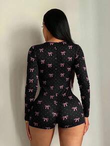 SHEIN SXY Bộ jumpsuit nữ gợi cảm, thoải mái, họa tiết chấm bi bướm, quần short co giãn mềm mại, thích hợp mặc ở nhà. - màu đen - Xem 2
