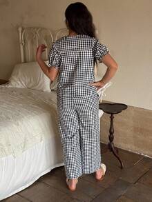 DAZY 少女格子单排扣花瓣袖上衣和阔腿裤休闲家居服睡衣套装 - 藏蓝色 - 查看 5