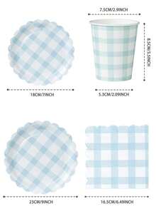 100 Pieces Of Light Blue Checkered Paper Plates And Napkins For Party Supplies, 7/9-Inch Disposable Paper Plates In Light Pink And White Checkered Design, Fan-Shaped Checkered Plates, Paper Cups, And Paper Towels, Suitable For Birthday Dinners, Picnics, Barbecues, And Parties - Multicolor - View 2