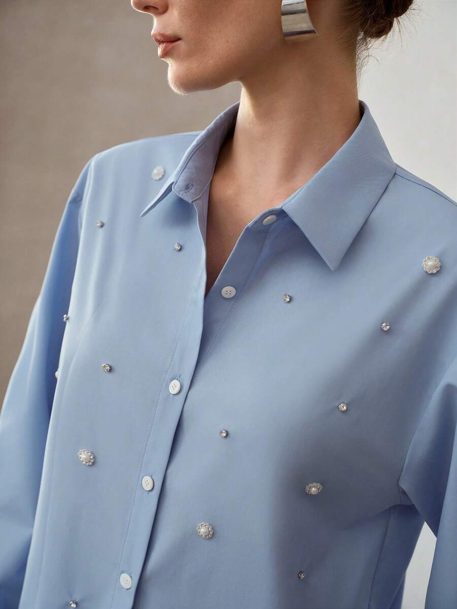 PREMIUM POSITIONED RHINESTONE BUBBLE ELEGANT CASUAL SHIRT - Blue - View 2