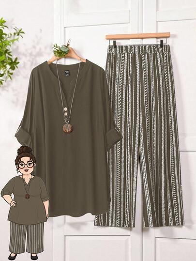 Rusticease Set de 2 piese casual pentru femei, mărime plus, cu decolteu în V, mâneci cu manșete și pantaloni largi cu dungi