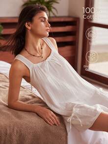 Women's Bohemian Loose Vacation Nomadic Drawstring Ruched U-Neck Pocket Comfortable Relaxed All-Cotton Jumpsuit - White - View 3