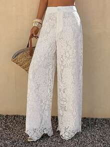 Livesso Women's Casual Vacation Style Lace Patchwork Wide Leg White Pants, Spring/Summer - White - View 3