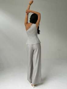 Aloruh 编织肩部褶皱荷叶边衬衫+阔腿裤两件套通勤套装 - 杏色 - 查看 2