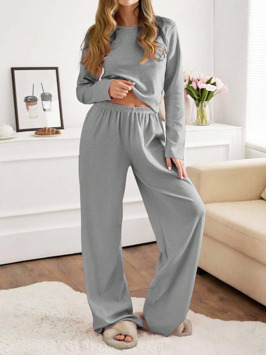EURMUSE Women 2pcs Rib Knit With Round Neck Long Sleeve Top&Pants Homewear Comfort Lounge Set - Light Grey - View 1