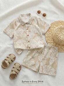 Cozy Pixies Young Boys' Casual Apricot Coconut Tree Print Polo Short Sleeve Cardigan Shirt & Elastic Waist Shorts Set,Summer,Beach,Holiday,Spring Outing Vacation - Khaki - View 2