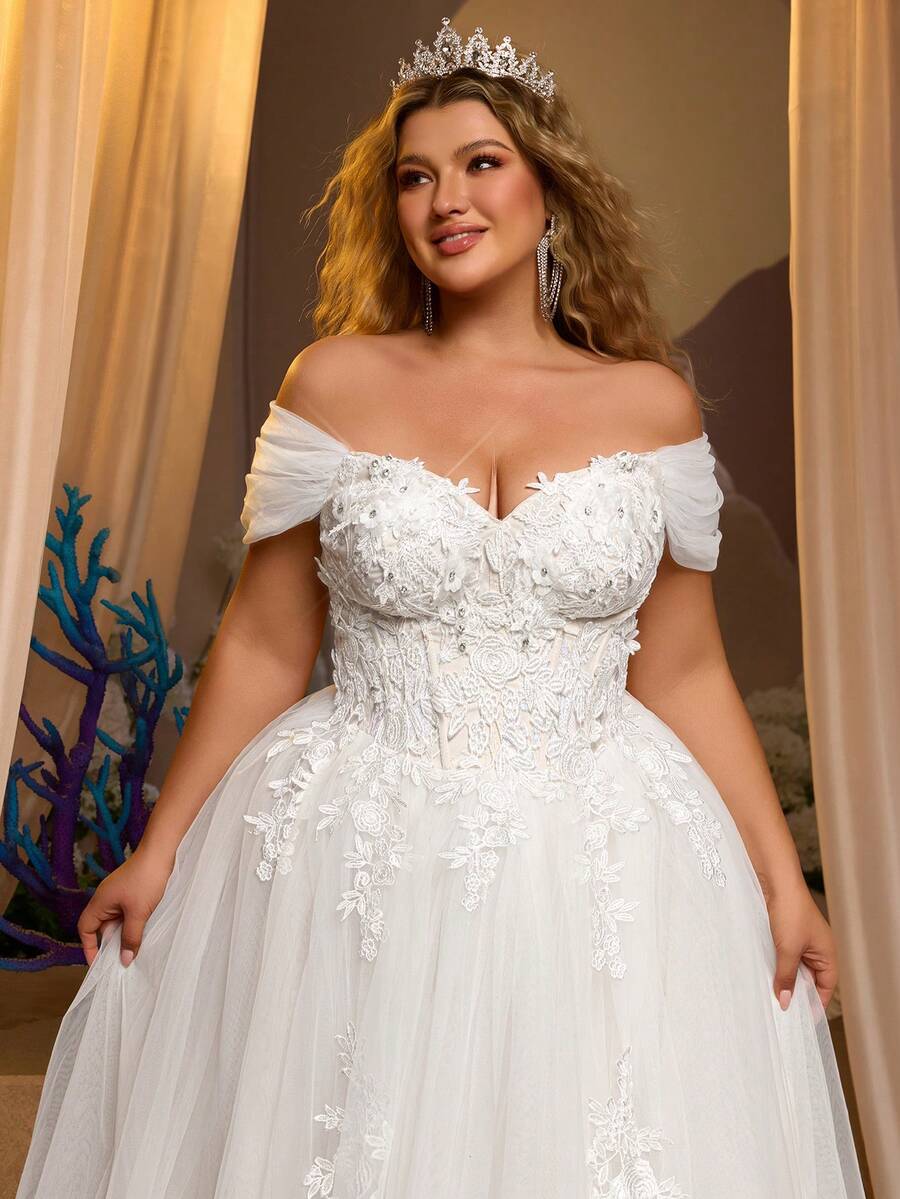 Glamrae 大码优雅浪漫刺绣网纱贴花露肩泡泡裙，大码下摆婚纱