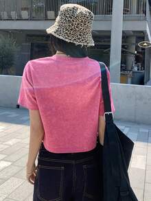 Strévra Women's Round Neck Striped Cropped Loose Short Sleeve Tie-Dye T-Shirt Summer - Pink - View 3