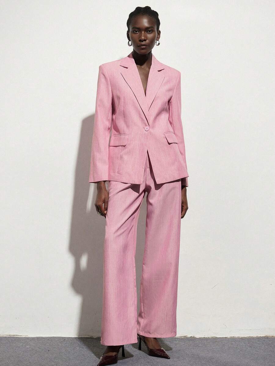 Aveloria Modichic 春夏百搭套装，适合通勤、办公、商务会议、休闲外出、约会等场合，包含竹纹单扣宽松西装外套和直筒裤，女士套装 - 粉色 - 查看 1