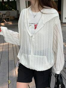 DAZY Women's Textured Long Sleeve Open Front Hooded Loose Sheer Casual Regular Jacket - White - View 4