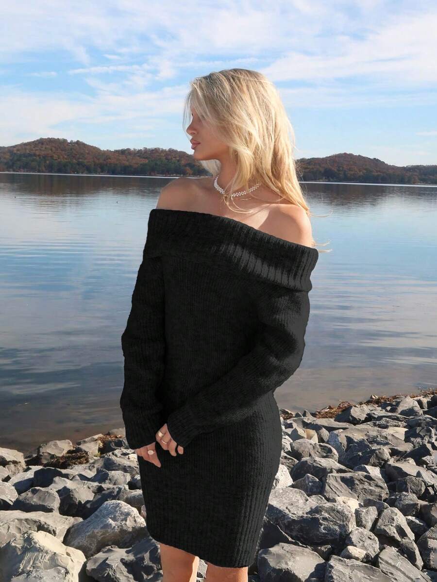 Sydney Algeri Grey Off Shoulder Turndown Collar Special Neckline Long Sleeve Mini Loose Top Tight Bottom Knitted Dress For Young Ladies, Autumn/Winter,Cozy Fall And Winter Clothes For Women - View 1