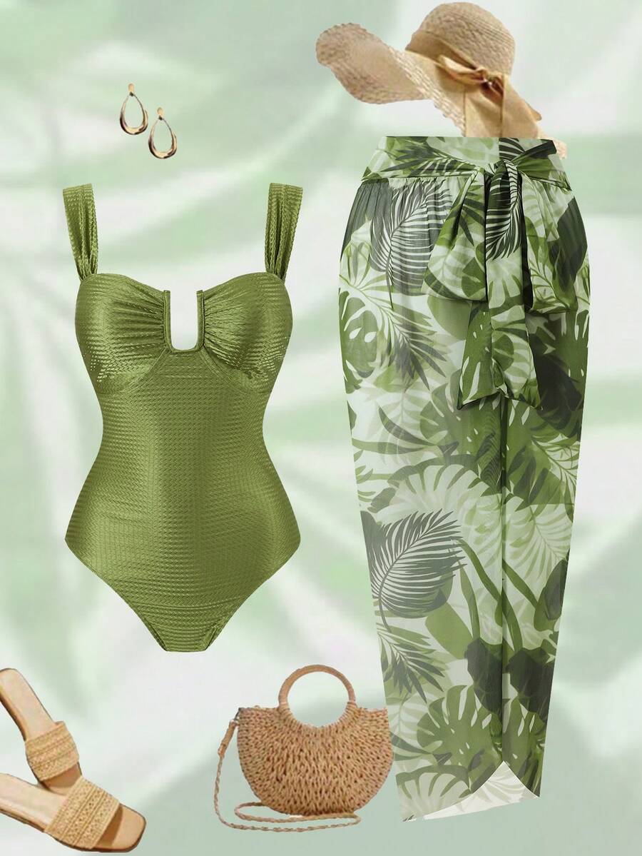 Swim Oasis 加大码绿色纹理U领粗肩带可调节后背褶皱常规下摆叶子印花腰带网纱裙连体泳衣，简约优雅时尚性感沙滩度假 - 綠色 - 查看 1