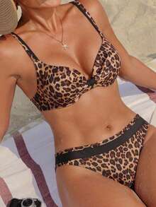 Swim Lushoire Women's Summer New Swimwear, Underwire Push Up Padded Adjustable Spaghetti Strap Back Triangle Bikini 2-Piece Set - Multicolor - View 6