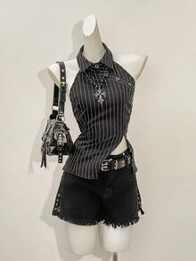 Jeanoix Camisa de mujer con diseño de botones, abertura lateral y estampado de rayas - Multicolor - Ver 1