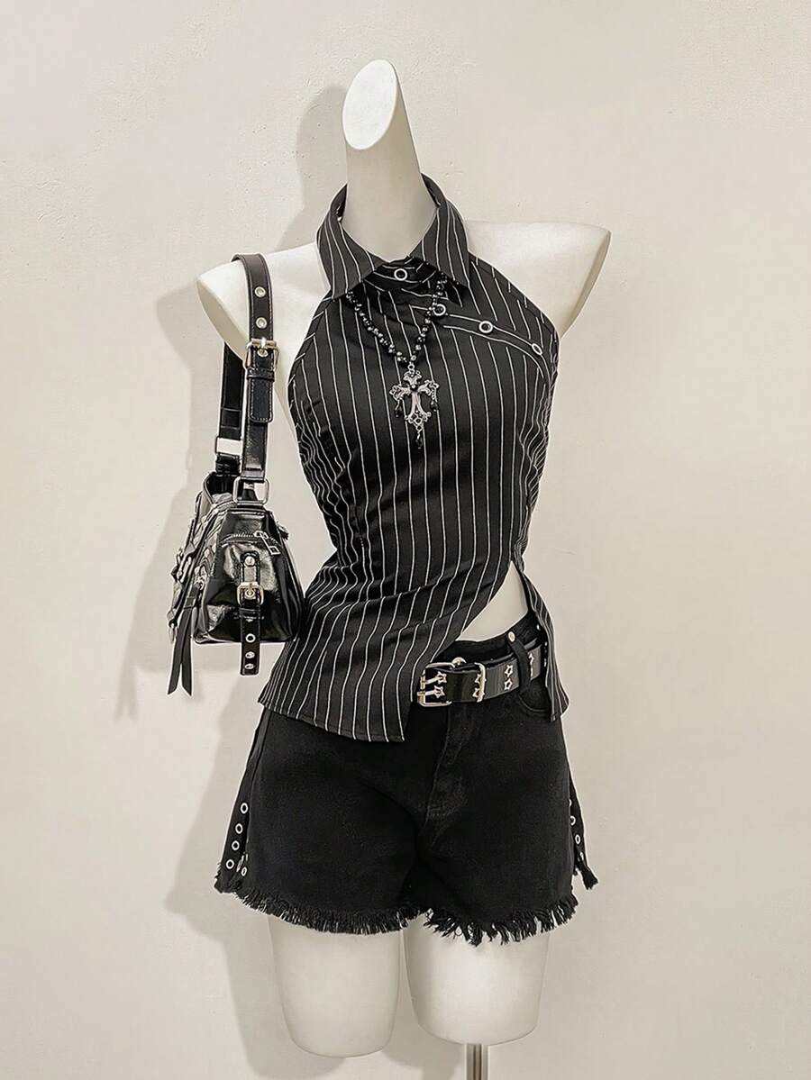 Jeanoix Camisa de mujer con diseño de botones, abertura lateral y estampado de rayas - Multicolor - Ver 1