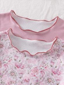 Baby Girls' Ditsy Floral Ribbed Fabric Short Sleeve Pajama Set With Ruffle Hem, Dusty Rose Floral Pajama Set Girls Sleepwear Girls Pajama Set - Dusty Pink - View 3