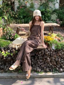 DAZY Bộ đồ du lịch 2 món dành cho nữ: Áo hai dây kẻ sọc và quần ống rộng. - màu nâu - Xem 4