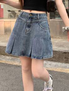 DAZY Chân váy denim ngắn nữ có túi, cài nút, xếp ly, kiểu dáng thường ngày, đa năng, thích hợp cho hẹn hò và đi chơi. - Màu xanh lam - Xem 9