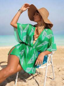 SHEIN Swim Lushore Áo khoác liền thân nữ, họa tiết lá cây dạng lưới, kiểu dáng thường ngày, thích hợp mặc ở nhà, đi biển, đi hồ bơi, mùa xuân/hè. - Màu xanh Bạc hà - Xem 4