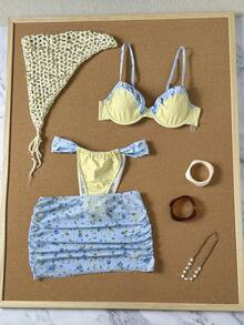 Swim Mod 3pcs Women's Random Print Spaghetti Strap Underwire Bikini Set, Spring/Summer - Multicolor - View 2