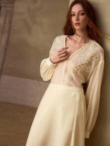 MOTF PREMIUM SPRING/SUMMER NEW BEADED COLLAR V-NECK LONG SLEEVE FASHIONABLE ELEGANT OFFICE LADY TOP - Apricot - View 7