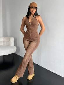 SHEIN ICON Jumpsuit dan Romper Denim Bodycon Leher Halter dengan Resleting untuk Wanita Edisi Centennial - Coffee Brown - View 6