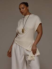 MUSERA Camiseta con cuello en pico, drapeado, fruncido y bajo asimétrico para invierno, Año Nuevo, linda y sexy para salir, fiesta de noche y eventos - Albaricoque - Ver 1