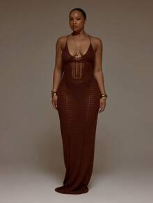 MUSERA 加大码钩针编织露背修身长裙，春夏可爱优雅约会之夜度假性感女神 - 咖啡棕 - 查看 4