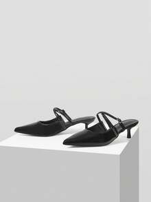 Mnmlis Slip-On Pointed Toe Thin Heeled Mule Shoes, Versatile Slouchy Wear For Women - Black - View 3
