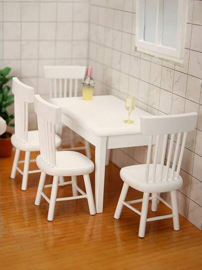 Dollhouse Mini White Dining Table Set, One Table Four Chair Mini Furniture Model, Bedroom Scene Display Items, Retro Dining Table, Desk Decoration, Home Decoration, Handicrafts, Retro Home Decoration Model, Holiday Gifts, Birthday Gifts, Christmas, Halloween, Adding Color To Life.