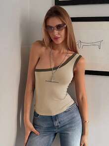 DAZY Women's Oblique Collar Tight-Fitting Patchwork Contrast Color Letter Print Top Summer - Apricot - View 4