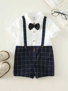 SHEIN Baby BoyBaby Short Sleeve Romper With Bow Tie Boy Jumpsuit Shirt Handsome Gentleman Clothes - Multicolor - View 8