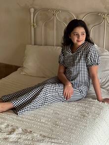 DAZY 少女格子单排扣花瓣袖上衣和阔腿裤休闲家居服睡衣套装 - 藏蓝色 - 查看 3