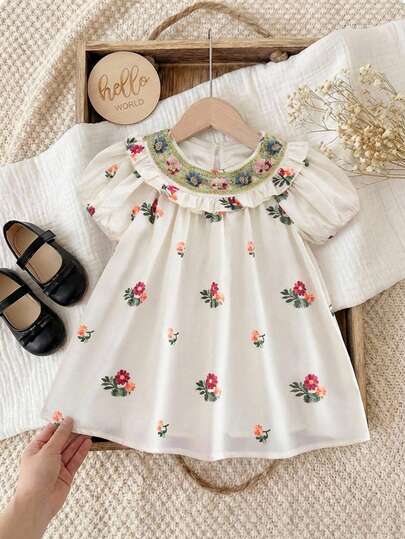 SHEIN One-Piece Cute Baby Girl All-Over Print Short-Sleeved Dress Is Stylish, French-Inspired, And Perfect For Back-To-School, Outings, And Spring/Summer.
