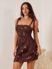 Enchnt 女士优雅花卉刺绣吊带迷你连衣裙，夏季 - 咖啡 - 查看 5