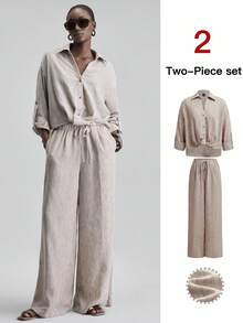 Ontre 2026SS New 2-Piece Set, Women's Dual-Tone Plaid Fabric Dropped Shoulder Long Sleeve Pleated Shirt And Elastic Waist Pants, Modern Elegant Wedding Guest Outfit, Minimalist Romantic French Luxury Feel, Urban Chic Business Casual, High-Quality Airport/Cruise Wear, Middle East Essential, All-Season Versatile, Wedding Series Women's 2-Piece Set 2 Piece Set Women Summer - Multicolor - View 1