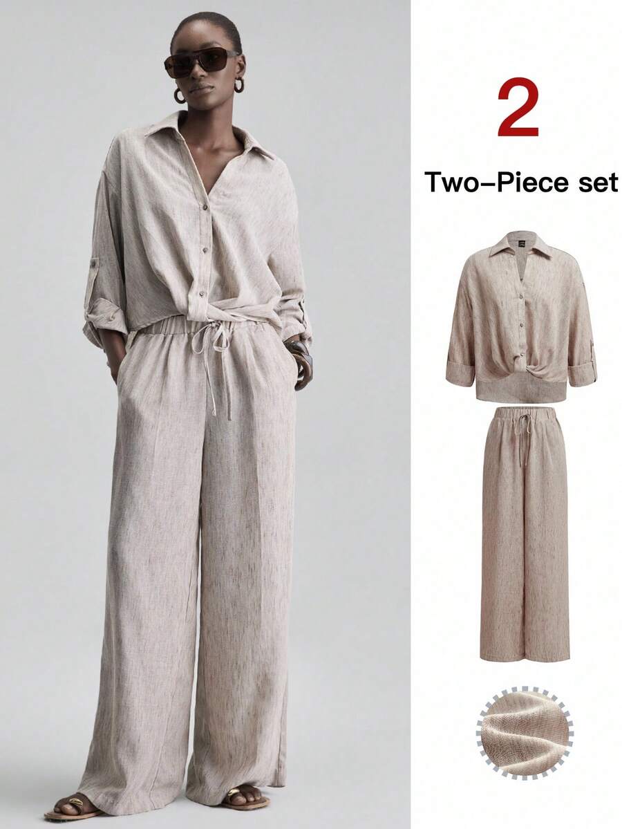 Ontre 2026SS New 2-Piece Set, Women's Dual-Tone Plaid Fabric Dropped Shoulder Long Sleeve Pleated Shirt And Elastic Waist Pants, Modern Elegant Wedding Guest Outfit, Minimalist Romantic French Luxury Feel, Urban Chic Business Casual, High-Quality Airport/Cruise Wear, Middle East Essential, All-Season Versatile, Wedding Series Women's 2-Piece Set 2 Piece Set Women Summer - Multicolor - View 1