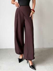 Firerie 女士优雅休闲时尚百搭纯色阔腿裤，中腰棕色裹身宽松阔腿裤，灯笼裤，宽松长裤，适合度假、假日、通勤、办公、教学等场合穿着，百搭实用 - 棕色 - 查看 5