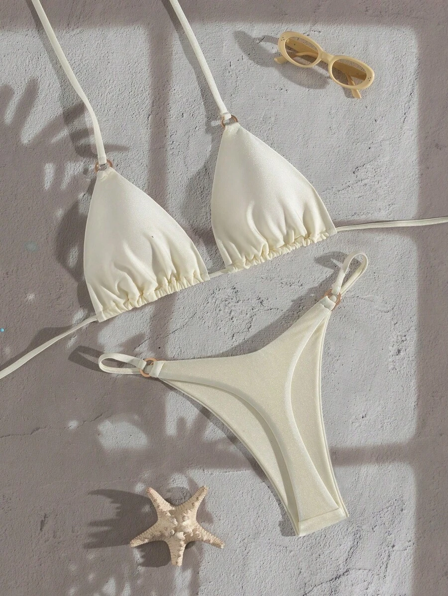 Swim Vcay 女士夏季沙滩纯色吊带系带性感比基尼泳装套装 - 杏色 - 查看 1