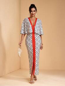 JIAN LASALA All-Over Print Color Block V Neck Capelet Women Maxi Dress With Slit Summer Vacation Boho Elegant - Multicolor - View 1